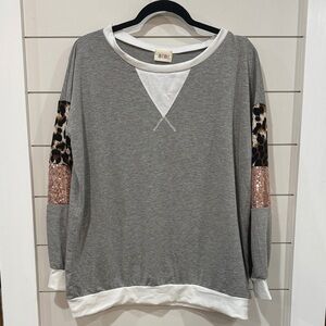 New! BiBi Gray and White Sweatshirt with Leopard and Sequin Accents